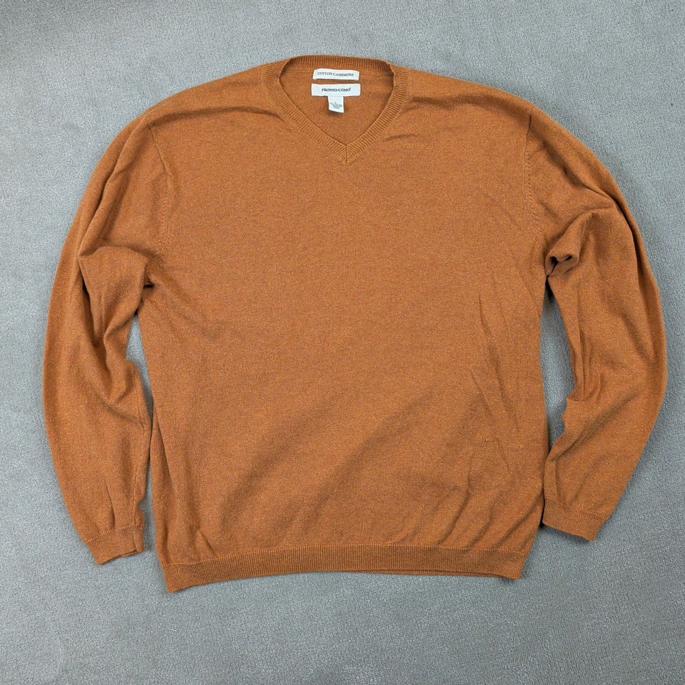 Pronto Uomo Sweater Mens Large Orange Cotton Cashmere V-Neck Knit Pullover Soft